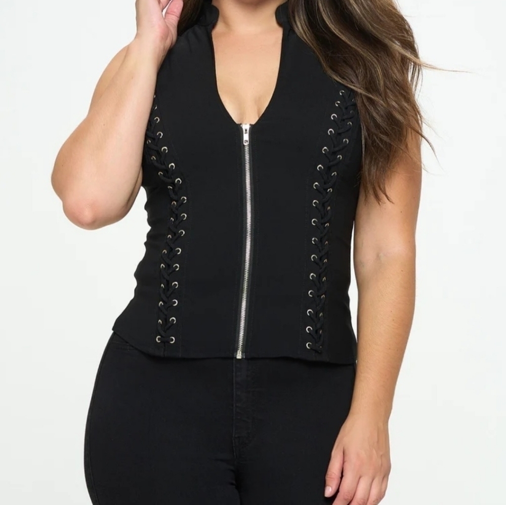 Hearts Rob Lace Up Zip Up Criss Cross Back Vest‎ Tank Top Black Gothic Biker